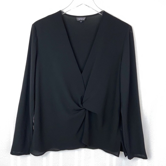 🎉TopShop Black Front Knot Long Sleeve Blouse Size 10 - Picture 3 of 8